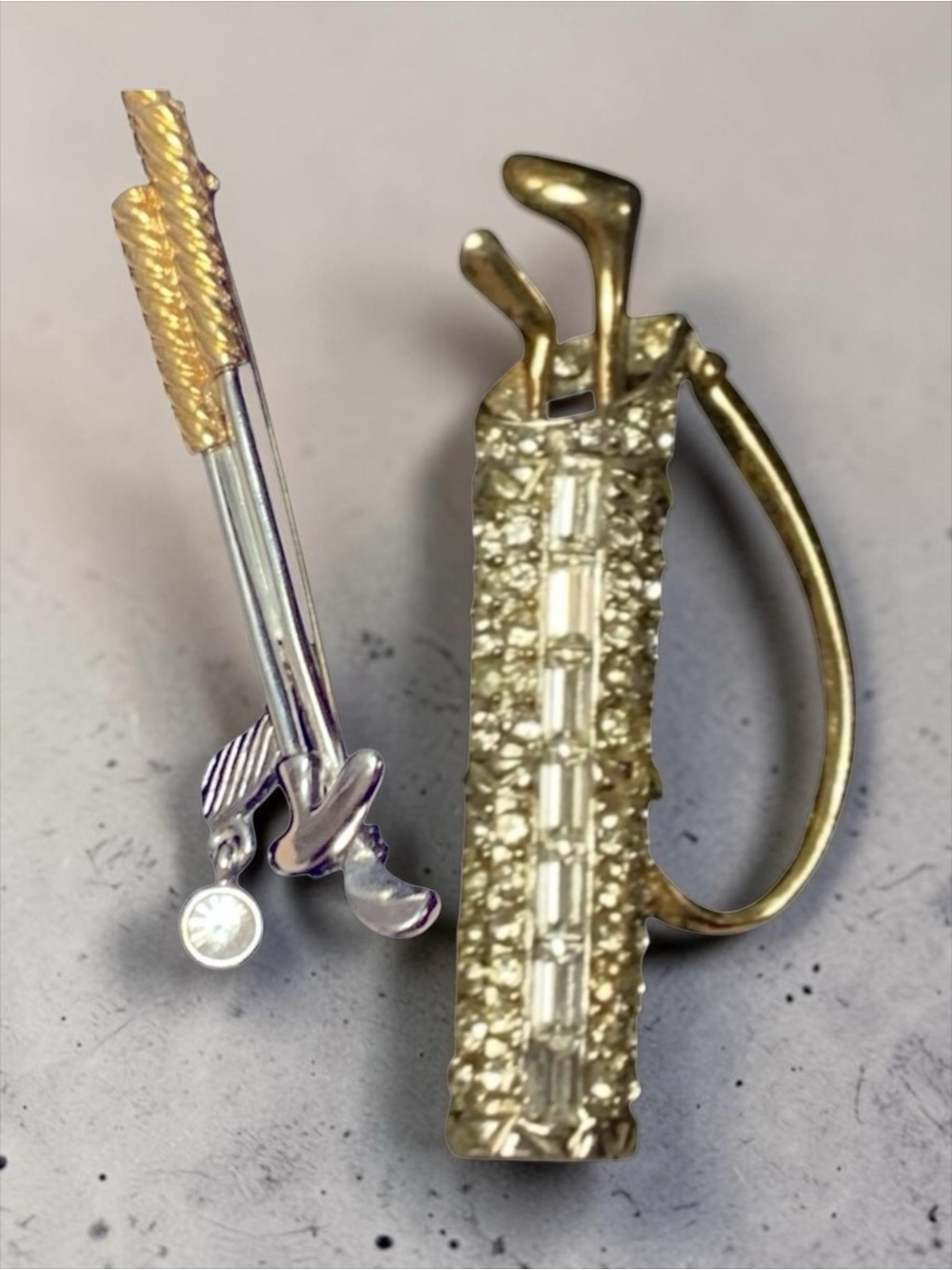 Set of Golf Clubs & Club bag Gold Tone Crystal Rhinestone Gem  2.25” Brooches - Picture 2 of 8